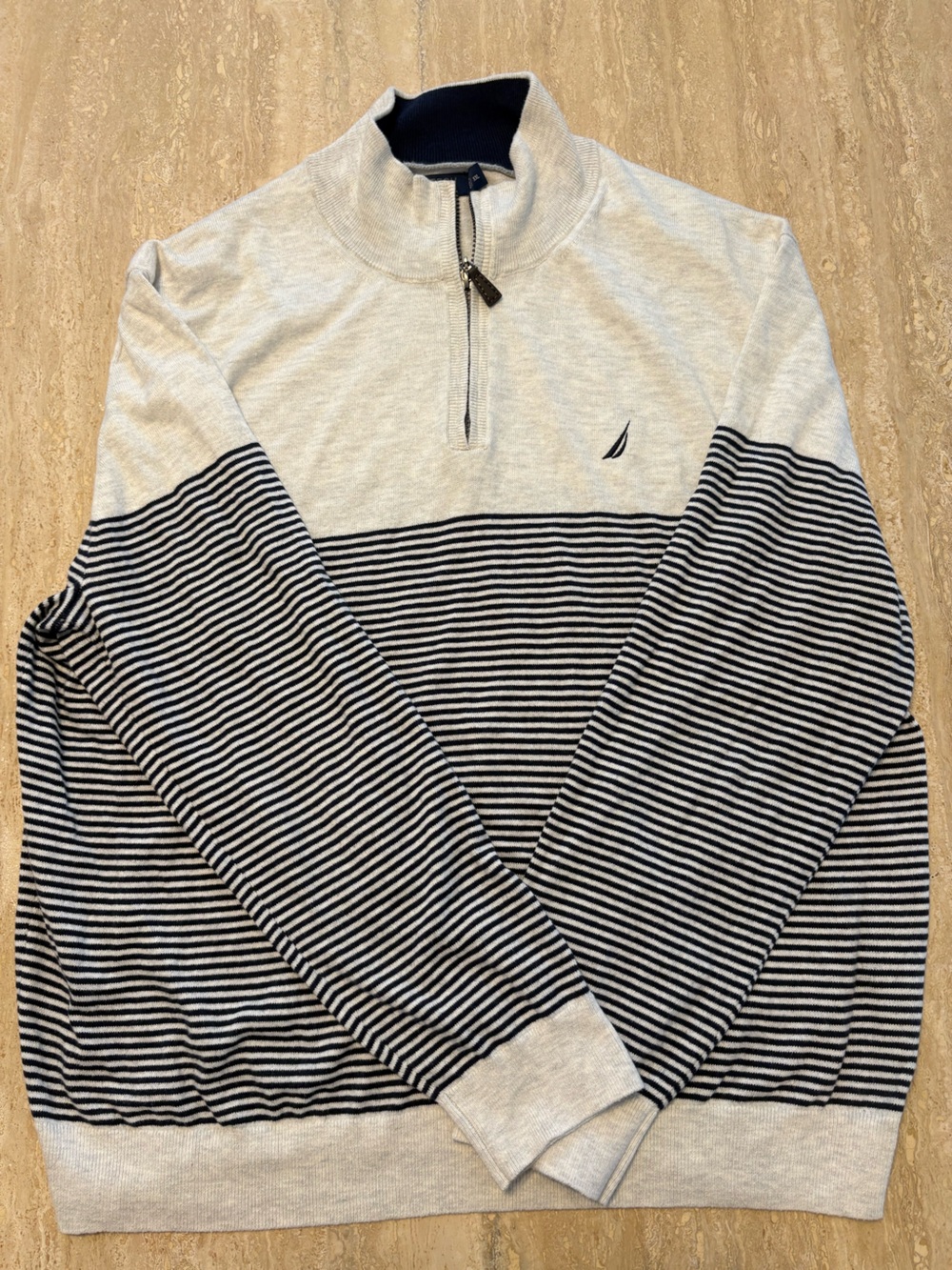 Nautica Navtech Mens XXL Quarter Zip Sweater Grey Navy Blue Striped Pullover